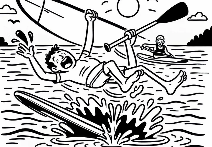 Athlete loses balance while stand-up paddling – Free coloring page