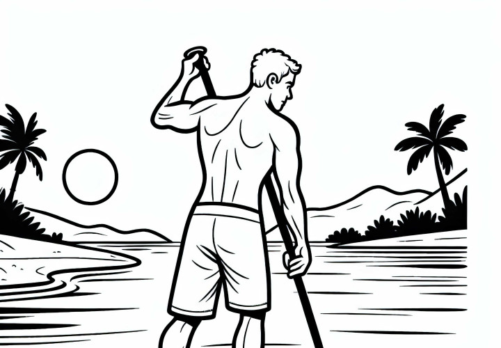 El atleta rema en paddle surf contra una ligera corriente -plantilla para colorear gratuita