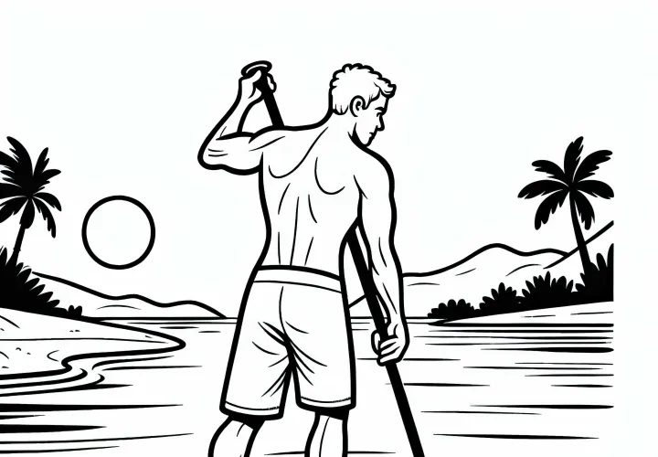 Athlete paddles while stand-up paddling against a light current – Free coloring page