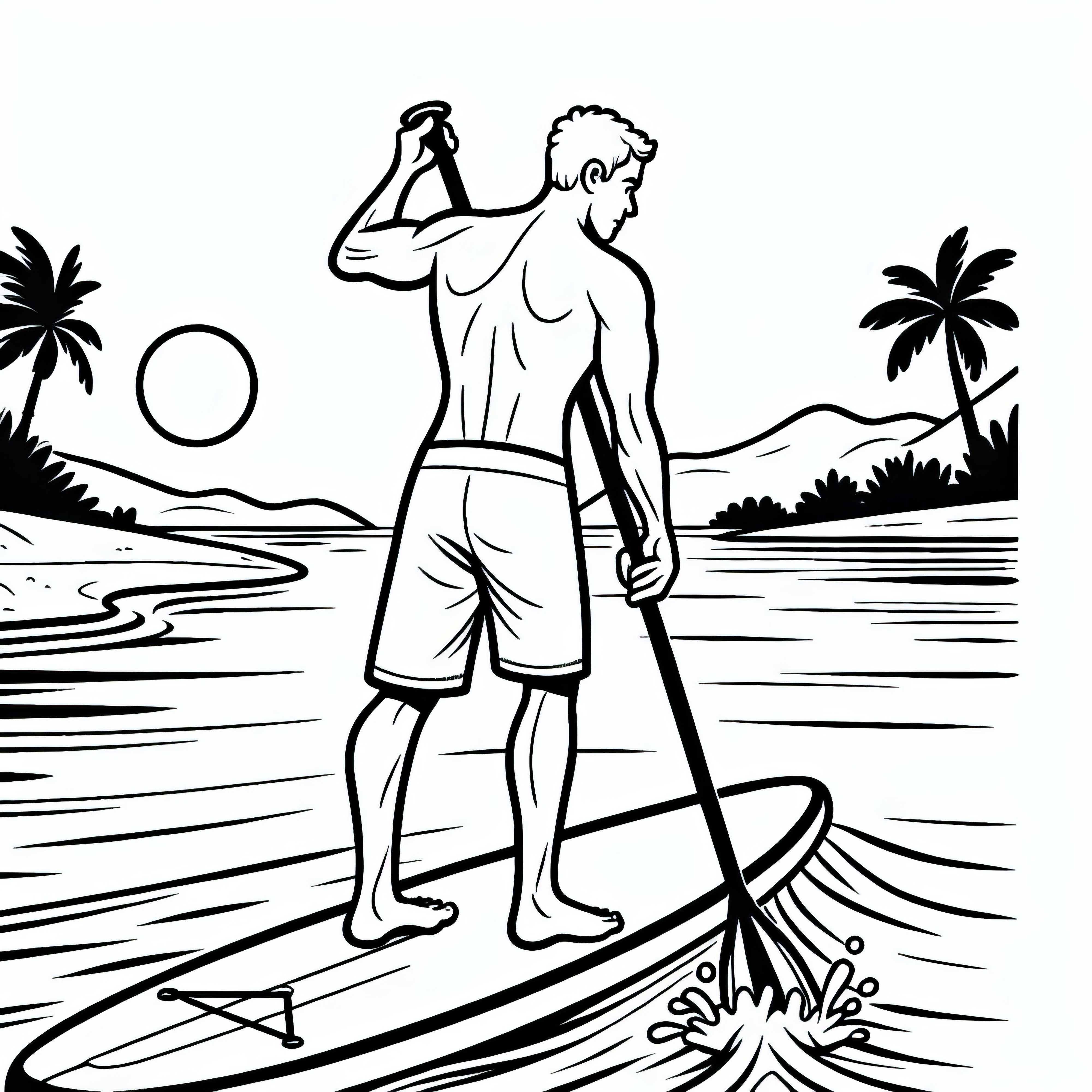 Un atleta rema en paddle surf contra una suave corriente – Plantilla para colorear gratuita