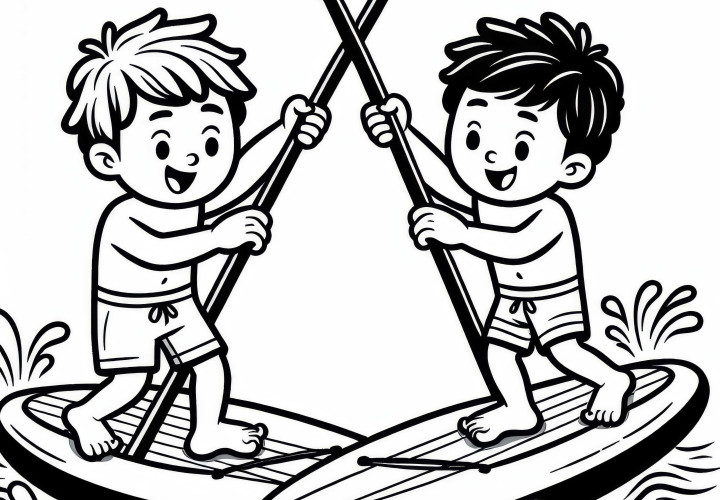 Dos paddlers intercambian juguetonamente sus tablas en el agua mientras practican paddle surf