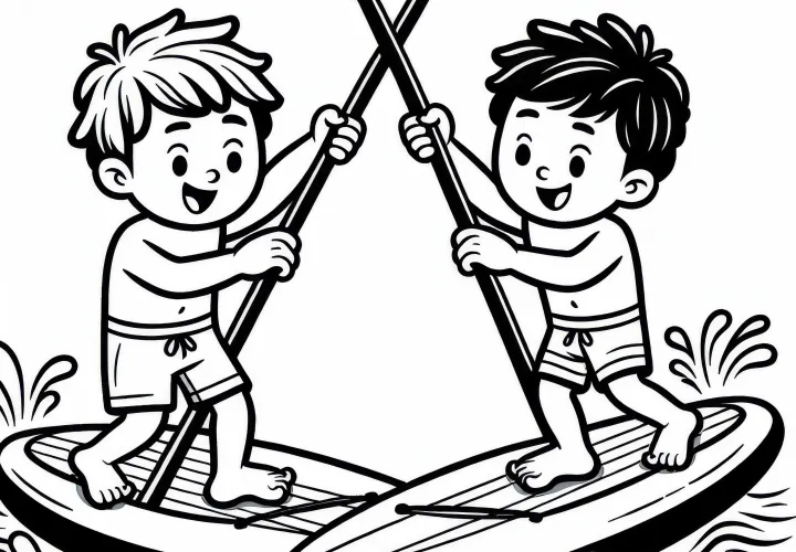 Two paddlers playfully swap their boards on the water while stand-up paddling