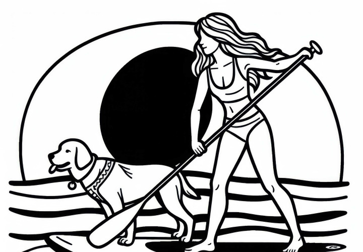 Una practicante de stand-up paddle navega con un perro sobre la tabla - Plantilla para colorear gratis