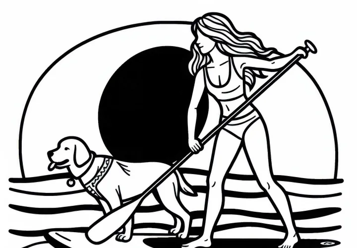 Stand-up paddler rides with dog on the board – free coloring page