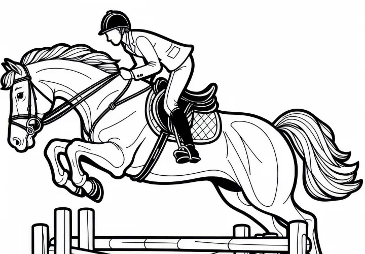 Springreiter springt mit Pferd über Hindernis – Malvorlage kostenlos