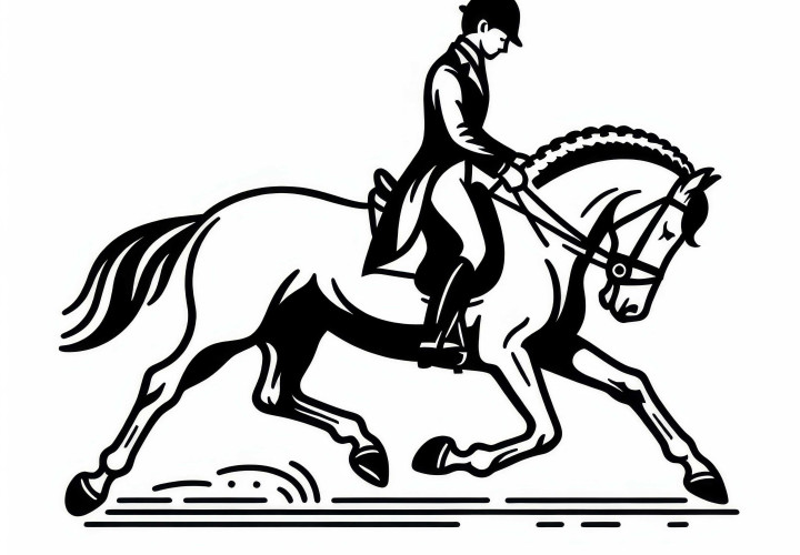 El jinete de doma ecuestre realiza una elegante piaffe con el caballo en el deporte ecuestre - Imagen para colorear para descargar