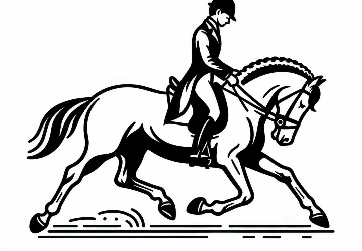 Dressurreiter führt elegante Piaffe mit Pferd im Reitsport – Ausmalbild zum Download