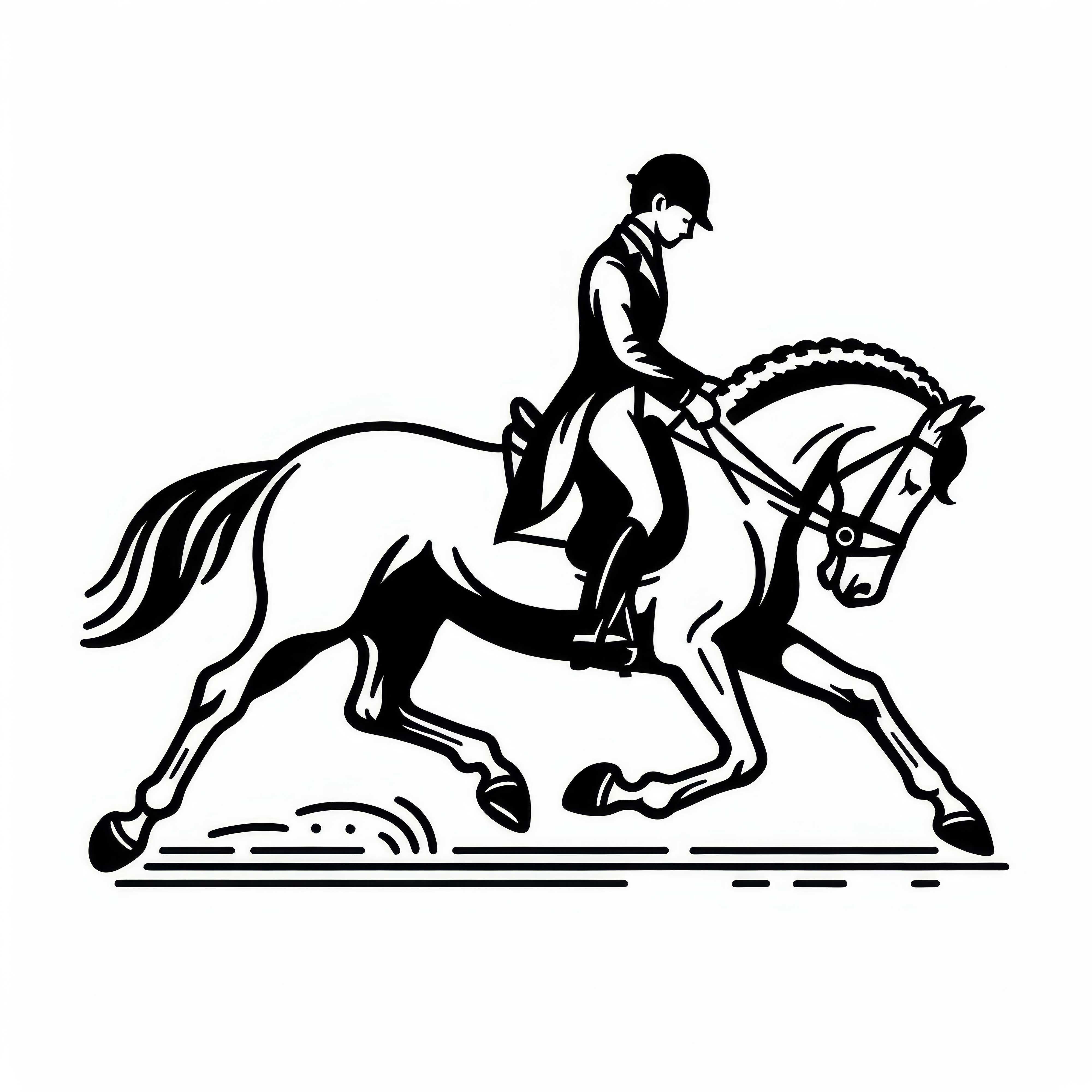 El jinete de doma ecuestre realiza una elegante piaffe con el caballo en la hípica – Imagen para colorear para descargar