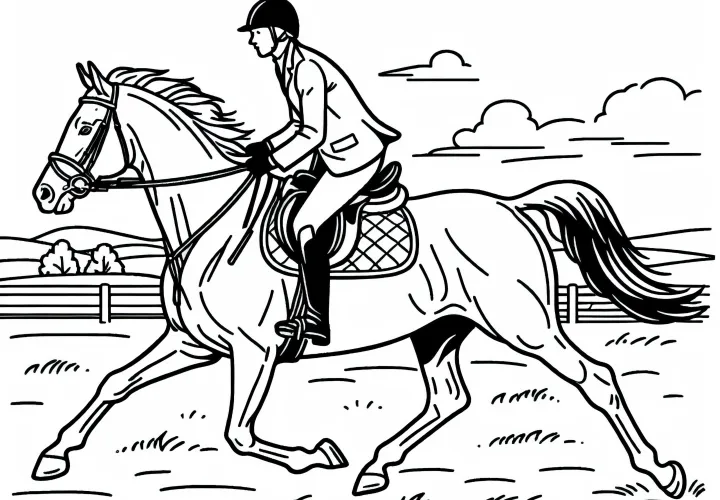 Reiter reitet im Galopp durch offene Landschaft – Ausmalbild gratis