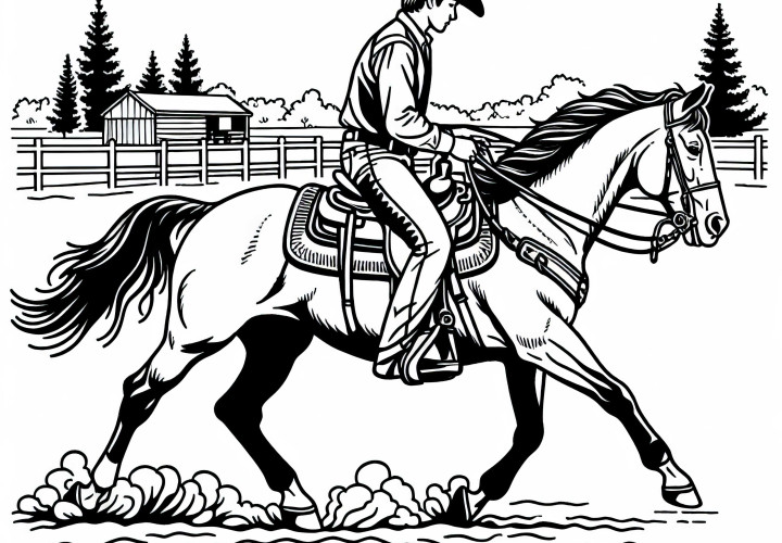 El jinete western dirige el caballo con sutiles movimientos de riendas - Plantilla para colorear gratuita