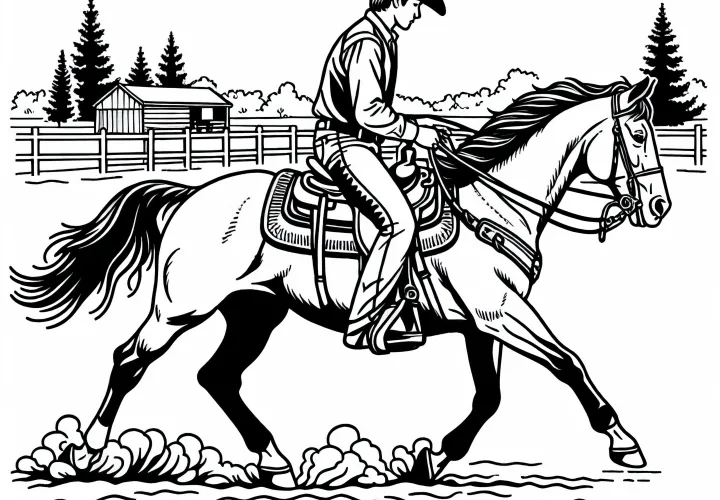Westernreiter lenkt Pferd mit feinen Zügelbewegungen – Malvorlage kostenlos