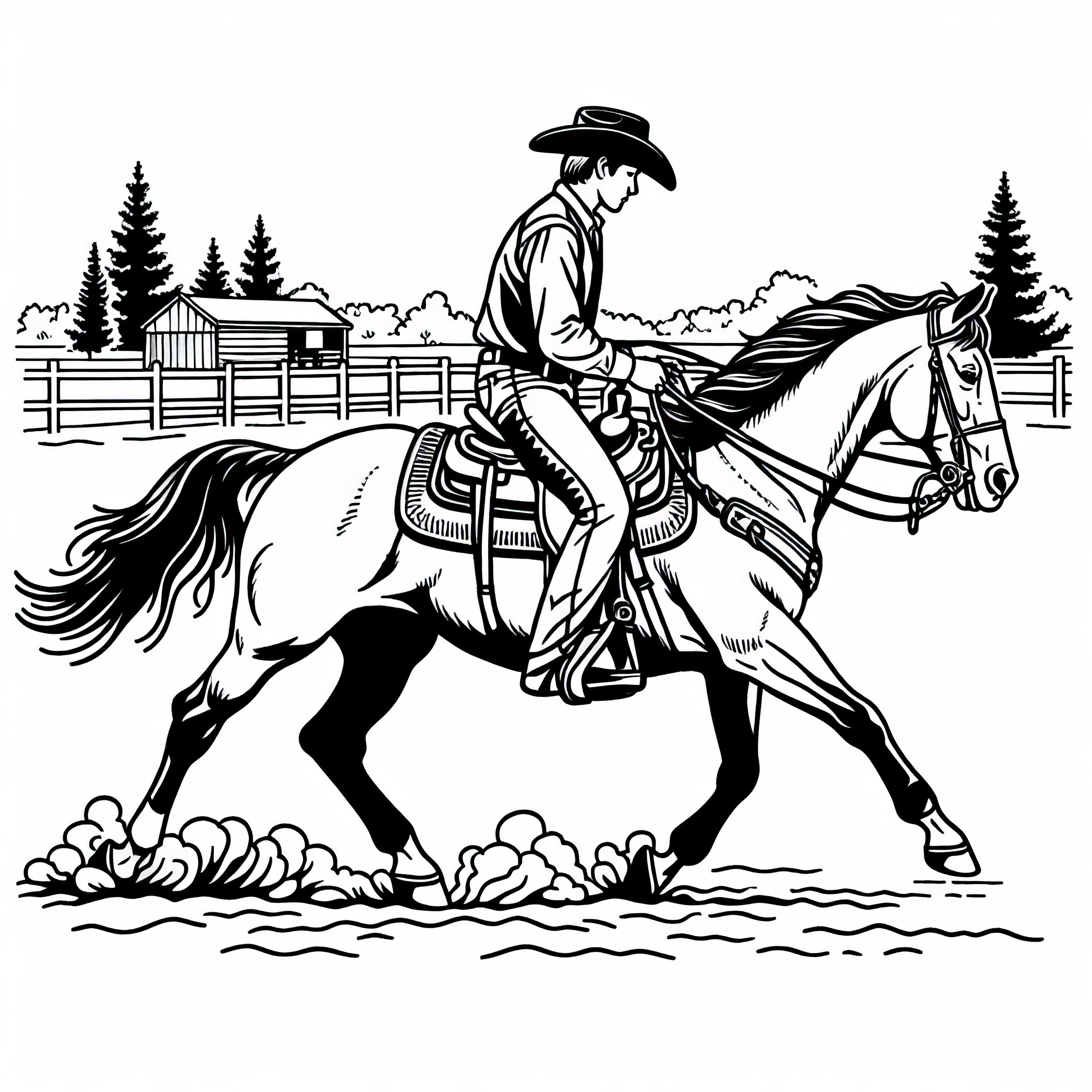 El jinete vaquero dirige el caballo con sutiles movimientos de rienda - Plantilla para colorear gratuita