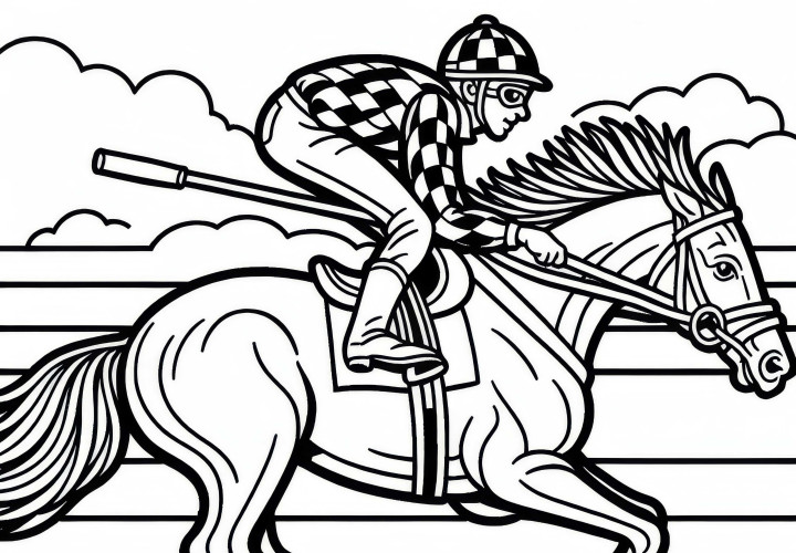 Jinete impulsa caballo en hipismo a galope en la pista de carreras - Dibujo para colorear gratis