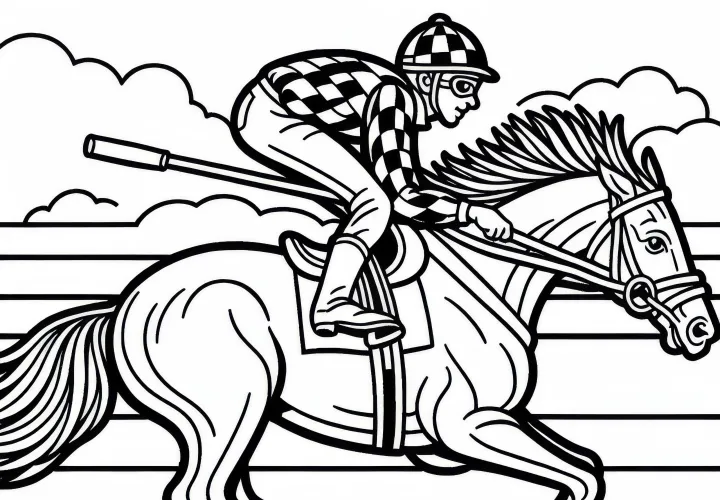 Jockey treibt Pferd beim Reitsport im Galopp auf Rennbahn – Ausmalbild kostenlos