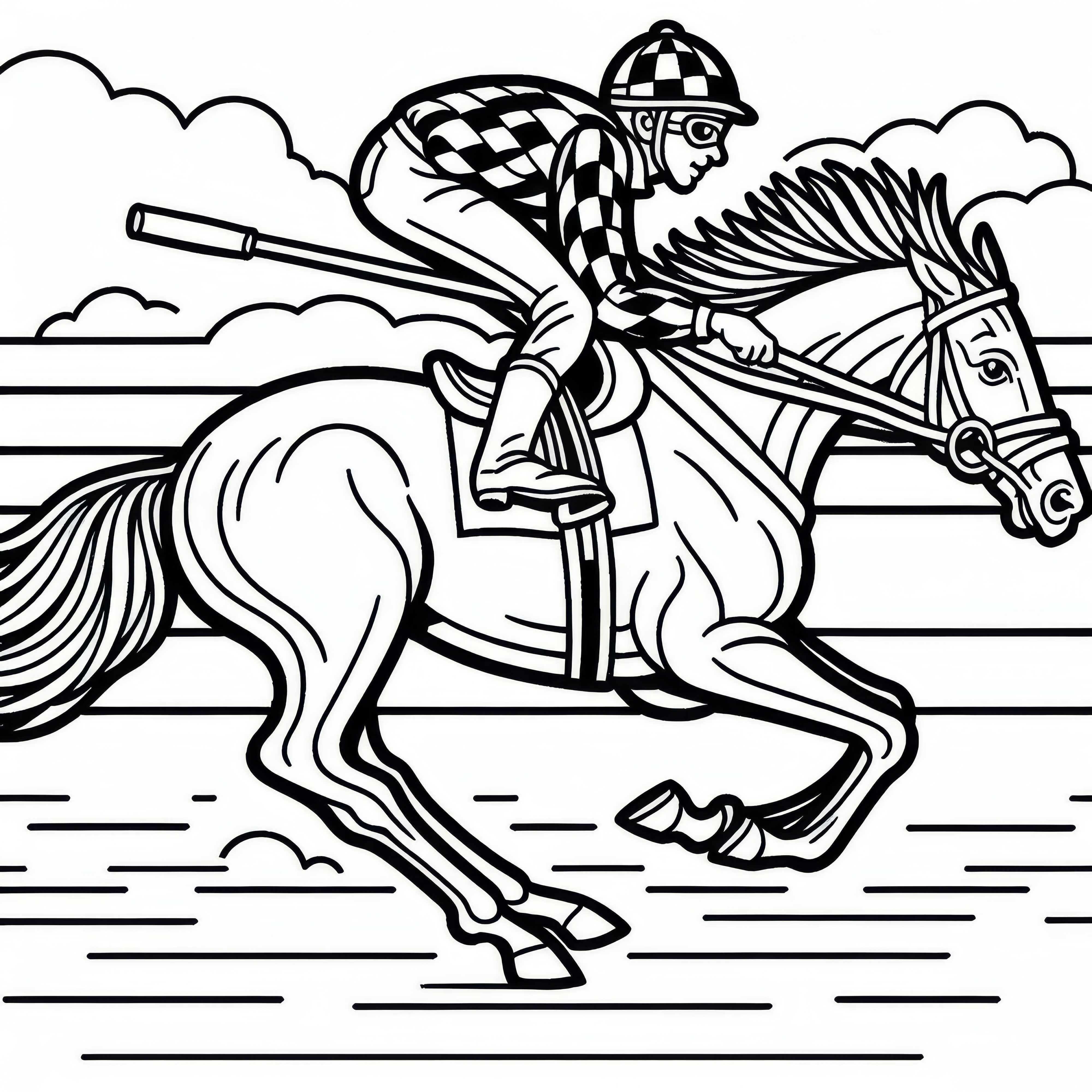 Jinete impulsa caballo en la equitación a galope en la pista de carreras - Dibujo para colorear gratis