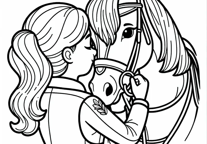 Pferd wird nach Reitsport-Training liebevoll behandelt – Malvorlage kostenlos