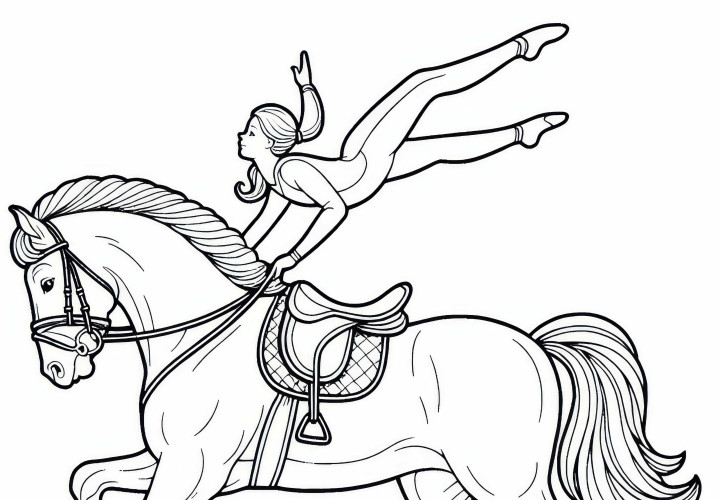 La volteadora muestra una pose acrobática en el caballo durante la equitación – Dibujo para colorear gratuito