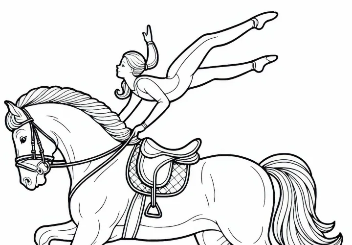 Voltigiererin zeigt beim Reitsport akrobatische Pose auf dem Pferd – Ausmalbild kostenlos