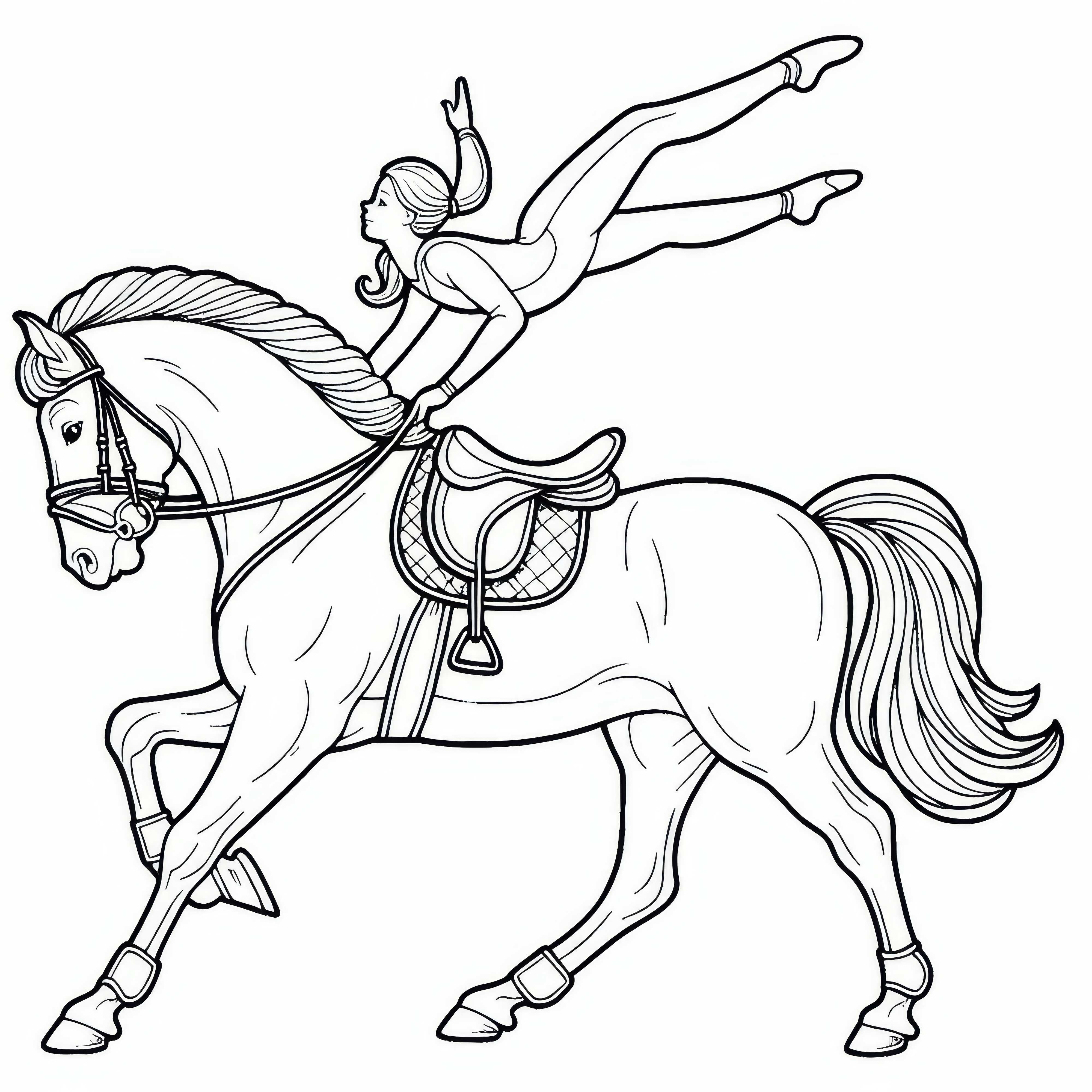 La artista de volteo muestra una pose acrobática en el caballo durante la equitación - Dibujo para colorear gratis