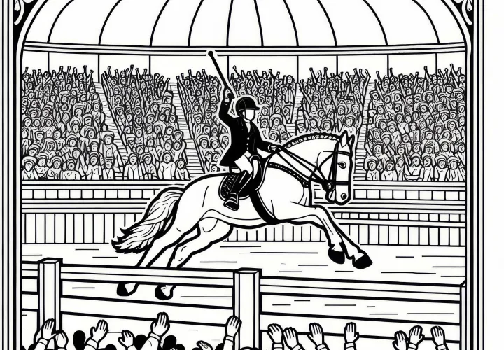 Reitturnier findet in Halle mit jubelndem Publikum statt – Ausmalbild kostenlos