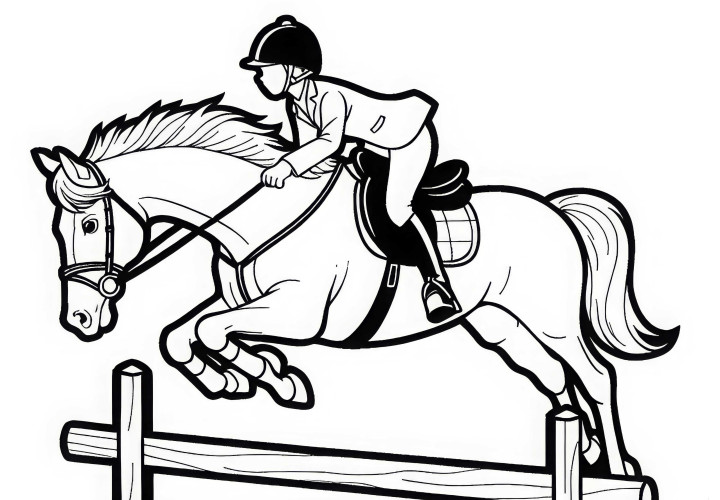 El jinete salta elegantemente con el caballo sobre el obstáculo - Dibujo para colorear gratis