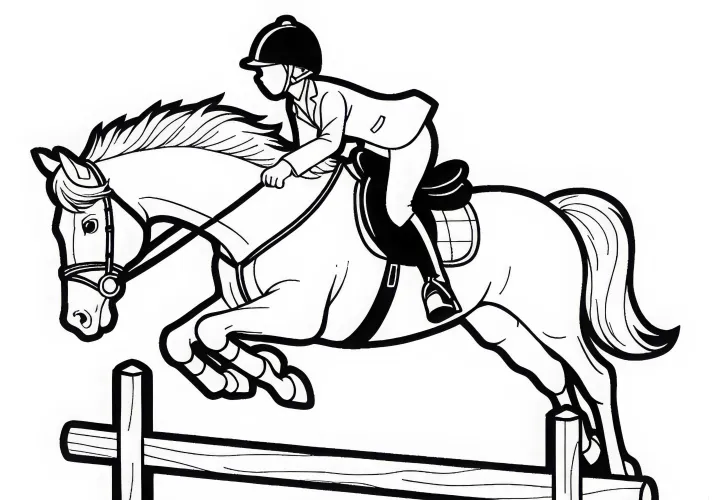 Reiter springt mit Pferd elegant über Hindernis – Ausmalbild gratis
