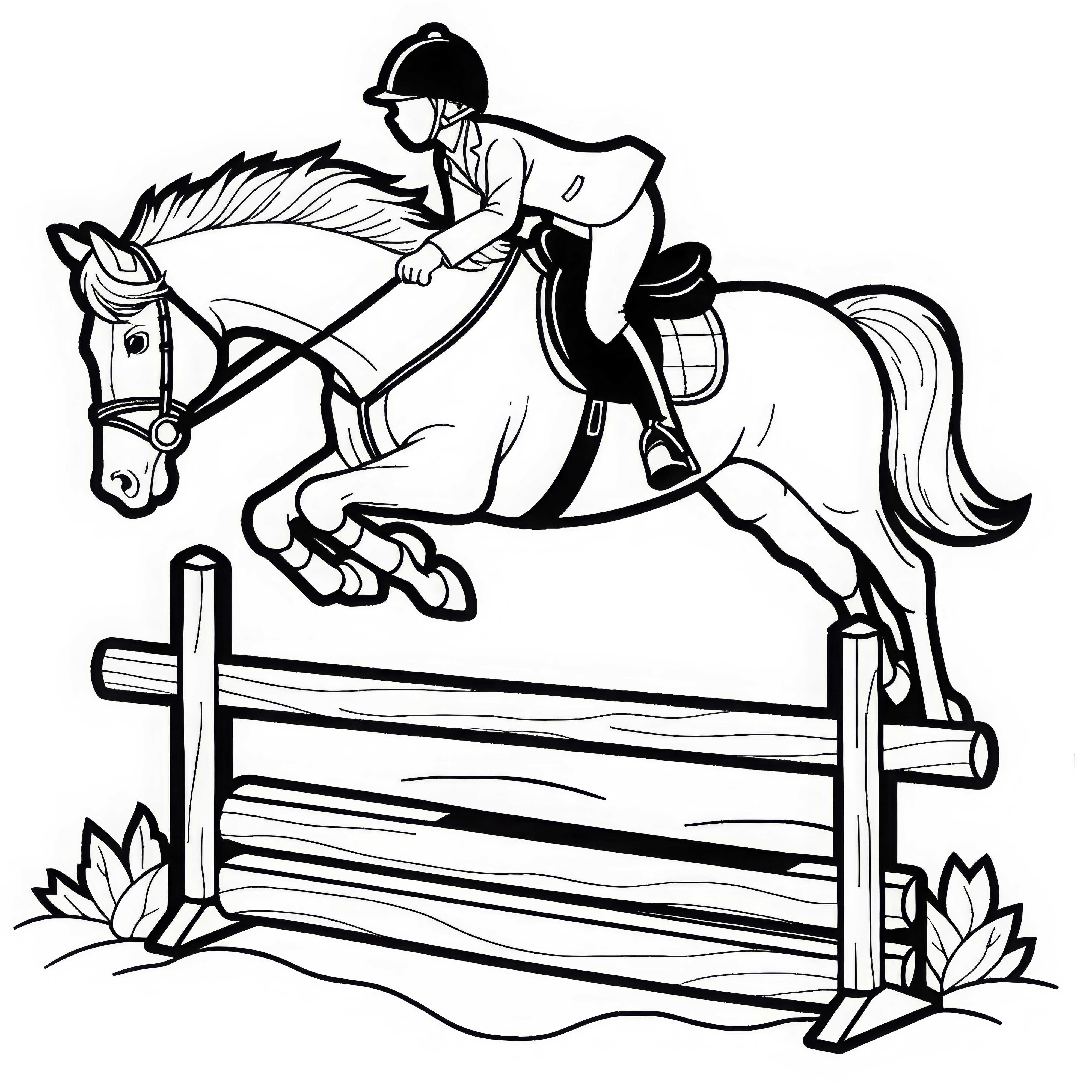 El jinete salta elegantemente con el caballo sobre el obstáculo - Dibujo para colorear gratis