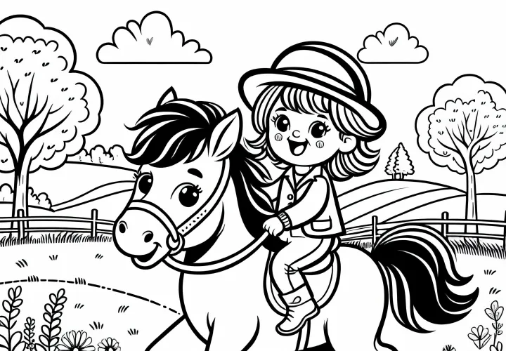 Mädchen reitet fröhlich auf Pony über Wiese – Malvorlage gratis