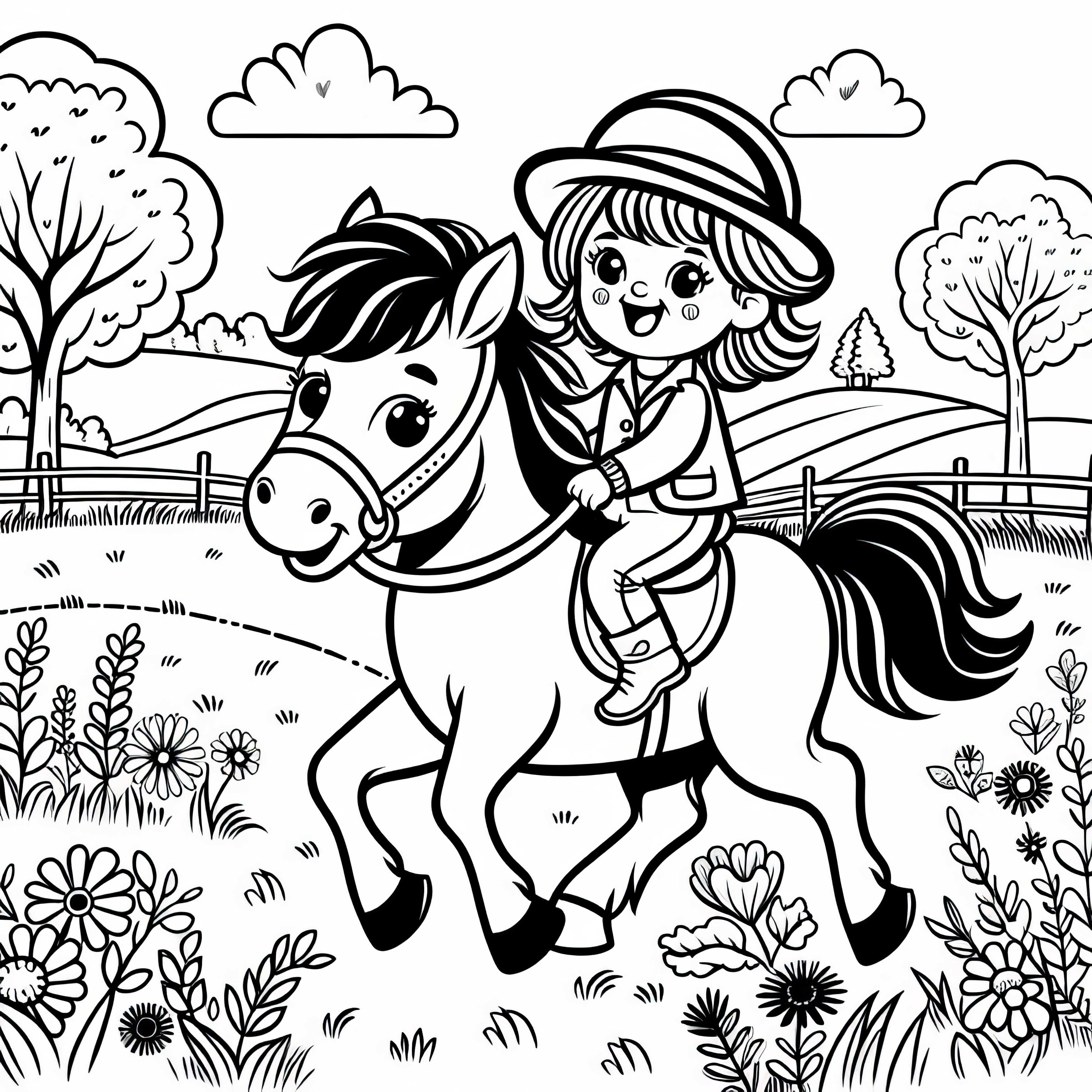 Chica monta alegremente en un pony sobre el prado - Plantilla para colorear gratis