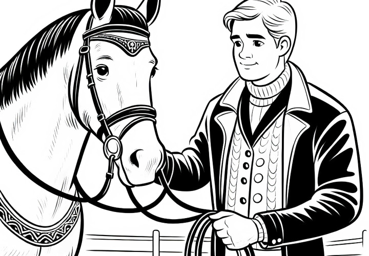 Caballero al lado del caballo plantilla para colorear gratis