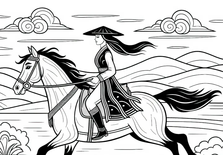 Reiterin reitet im Galopp durch offene Landschaft – Ausmalbild gratis