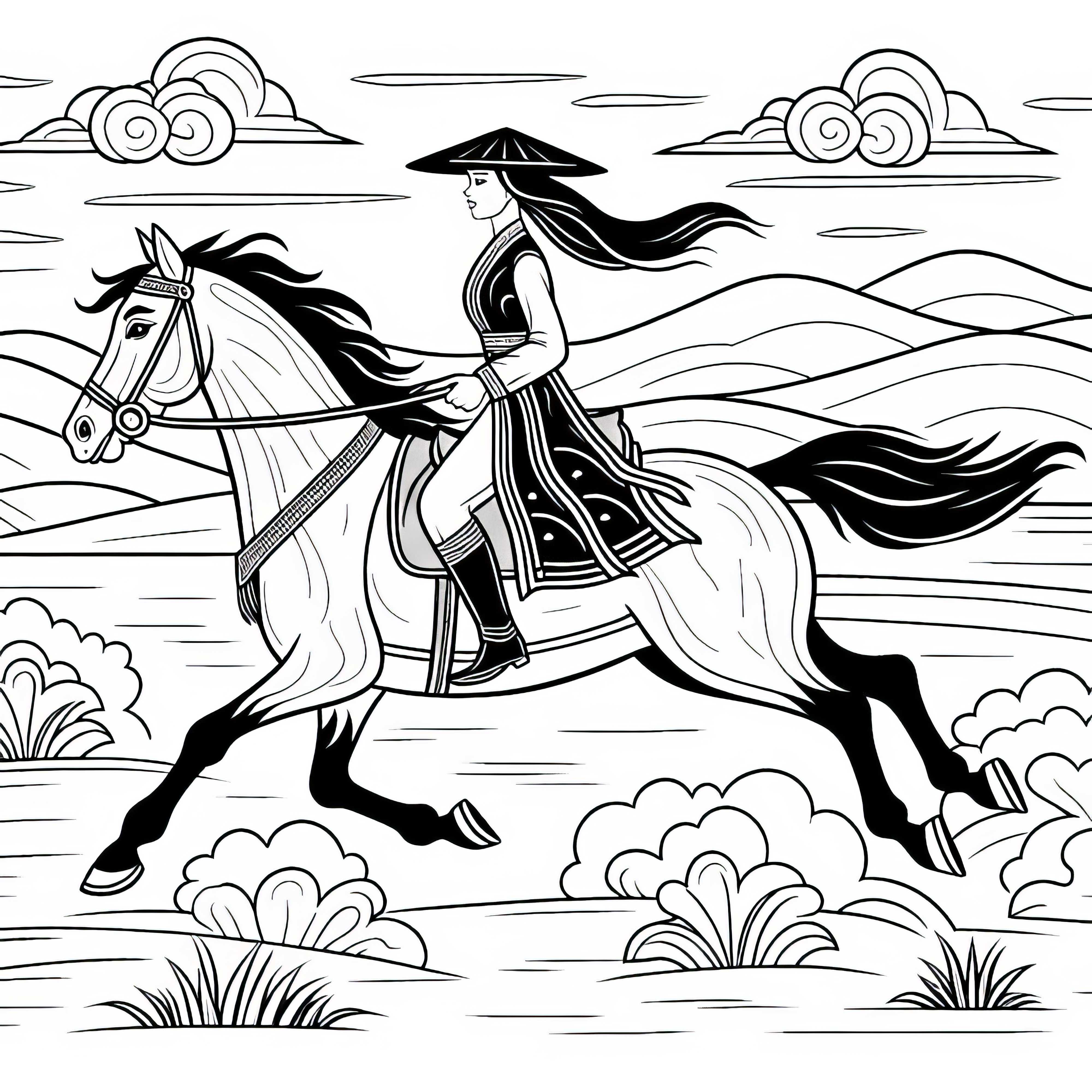 La jinete cabalga al galope a través de un paisaje abierto - Dibujo para colorear gratis