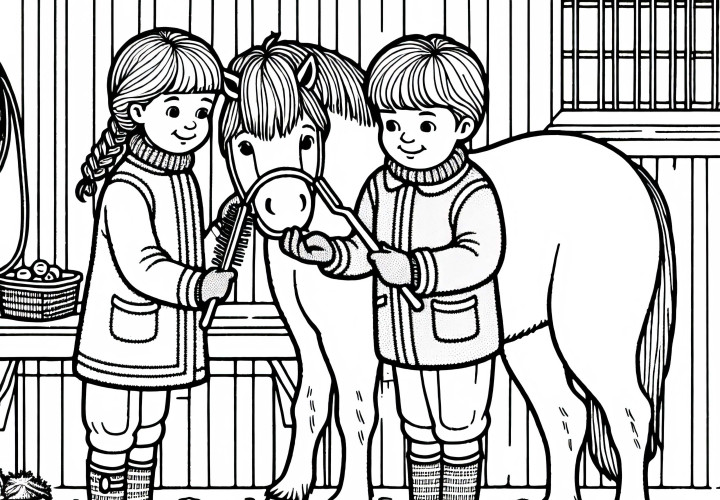 Niños limpian y cepillan un caballo en el establo - Dibujo para colorear gratuito Niños limpian y cepillan un caballo en el establo - Imagen para colorear gratuita