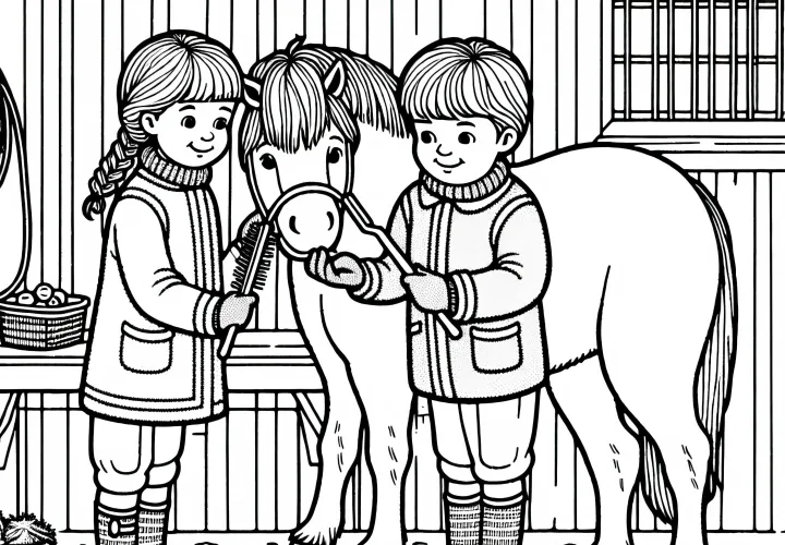 Kinder putzen und striegeln ein Pferd im Stall – Ausmalbild kostenlos
