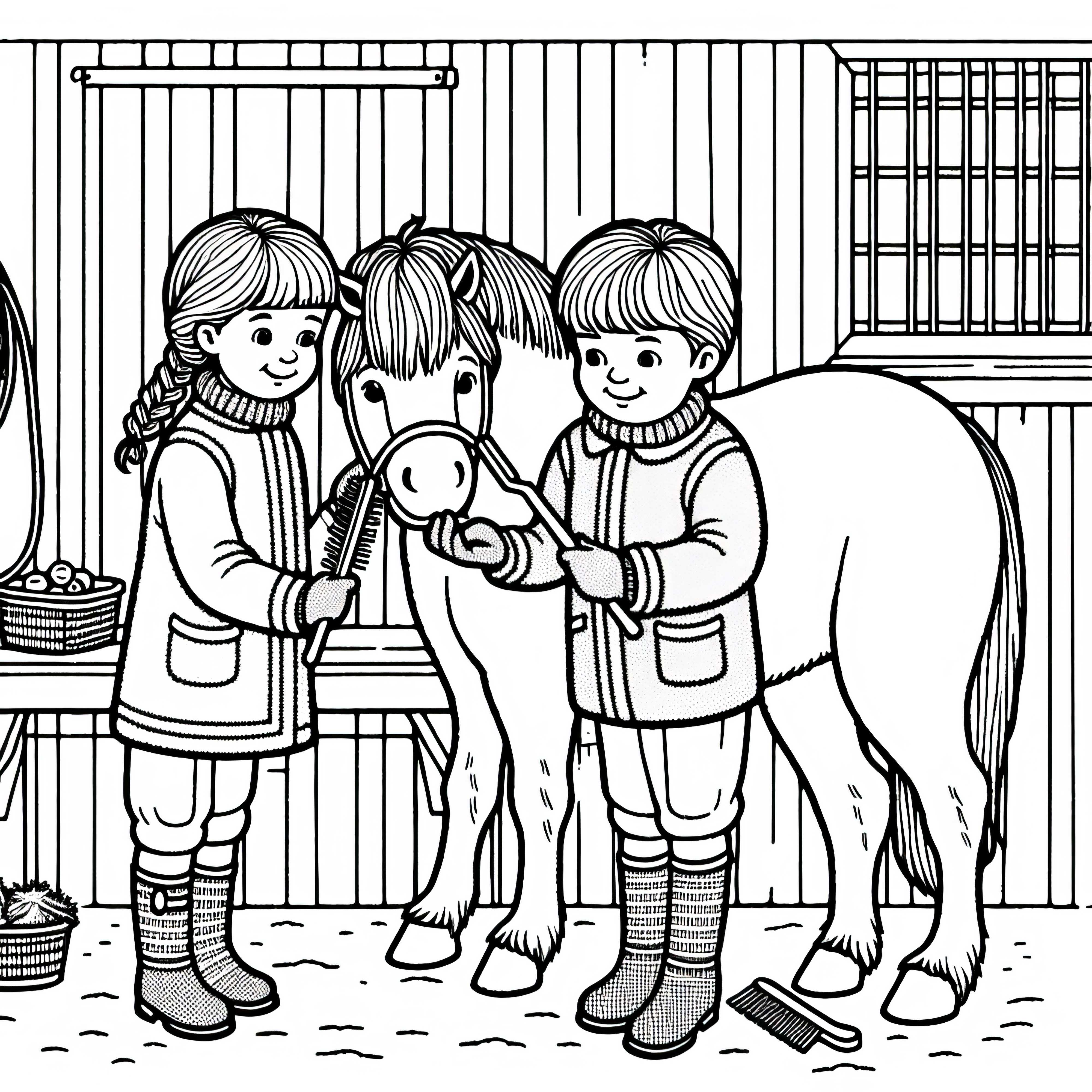 Niños cepillan y acicalan un caballo en el establo - Dibujo para colorear gratis