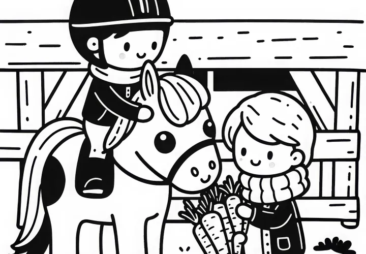 Kind füttert Pferd mit Karotte – Malvorlage einfach und gratis