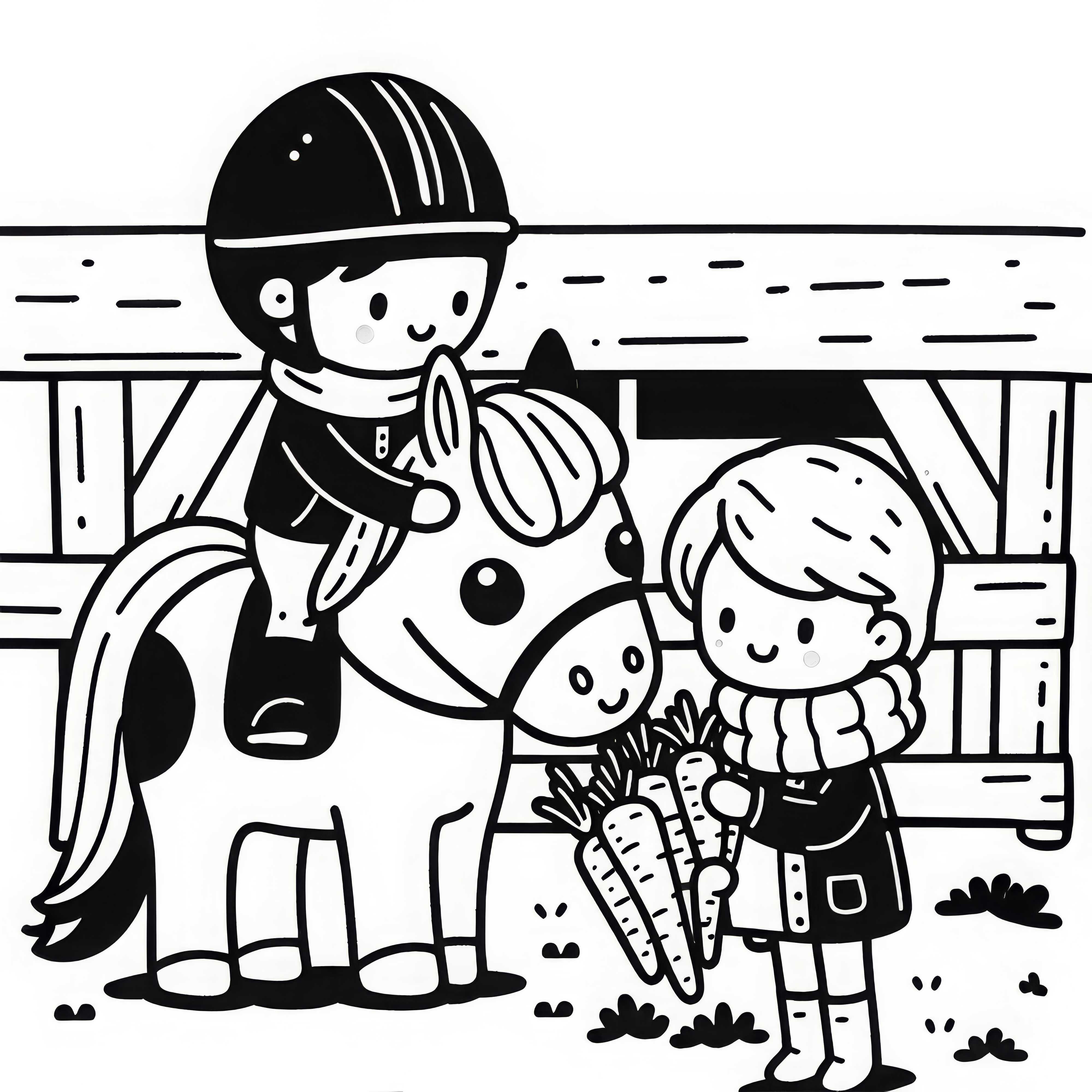 Niño alimenta caballo con zanahoria - Plantilla para colorear simple y gratis