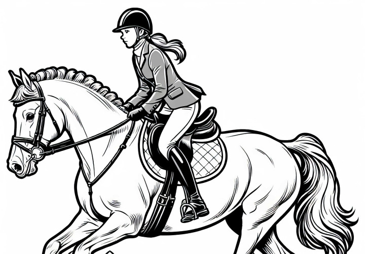 La amazona de doma realiza un elegante movimiento de paso en la pista de competición – Dibujo para colorear gratis La jinete de doma ejecuta un elegante movimiento de trote en el campo de competición - dibujo para colorear gratuito