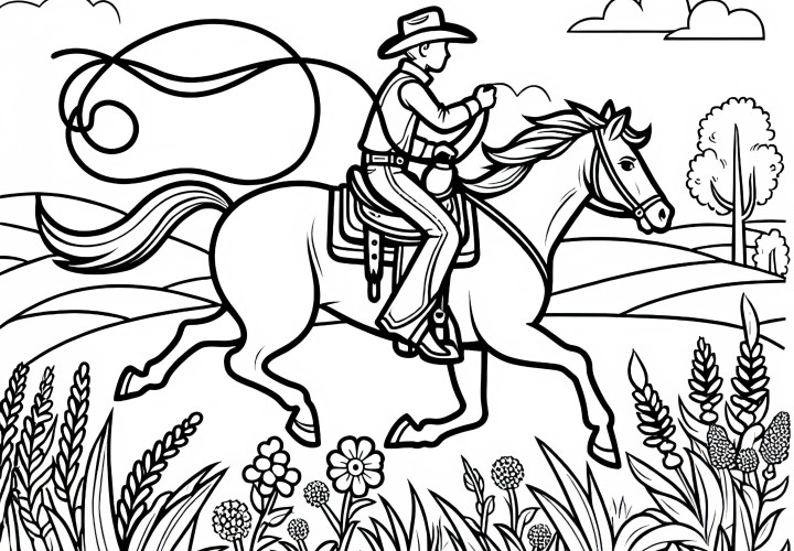 El vaquero monta a caballo con un lazo a través de la pradera - Dibujo para colorear gratis Un vaquero monta a caballo con un lazo por la pradera - Dibujo para colorear gratis
