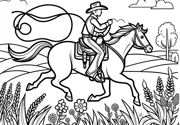 Cowboy reitet mit Lasso durch die Prärie – Ausmalbild gratis