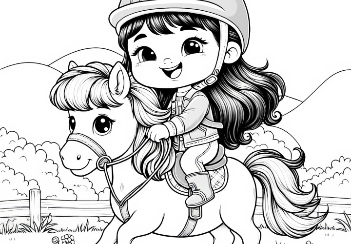 Niña monta alegremente en un pony sobre la hierba - dibujo para colorear gratuito