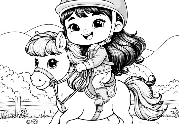 Mädchen reitet fröhlich auf Pony über Wiese – Ausmalbild kostenlos