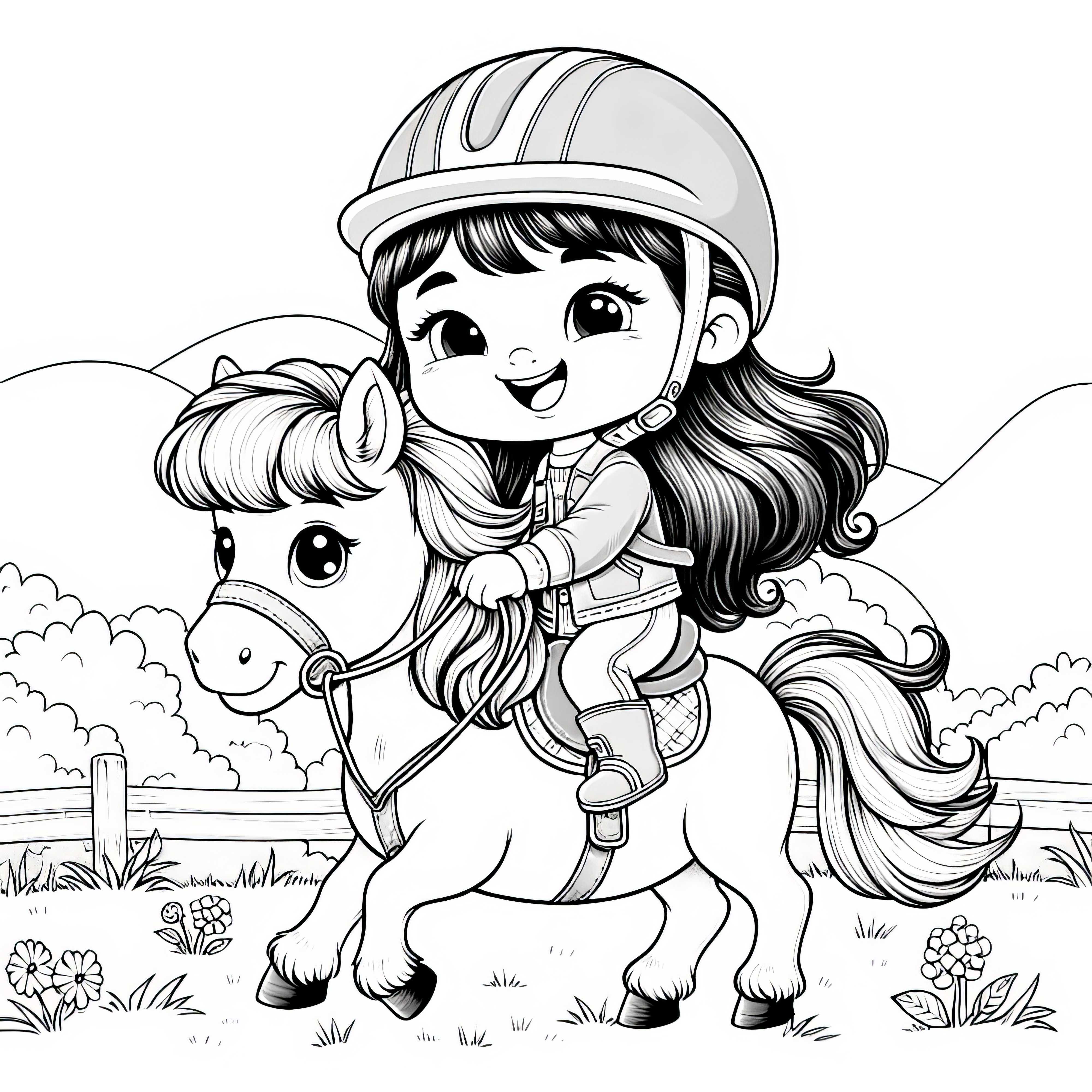 Niña monta alegremente en un pony sobre la hierba – Imagen para colorear gratuita