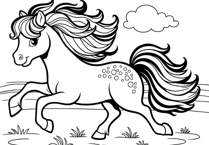 Pferd mit wehender Mähne läuft frei über die Koppel – Malvorlage einfach gratis