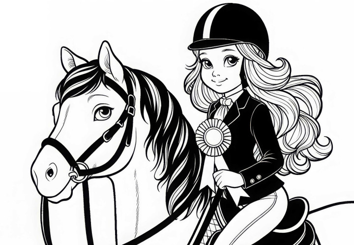 La jinete está sentada en el caballo y mira orgullosa con la cinta de ganadora - Imagen para colorear gratis La jinete está sentada en el caballo y mira orgullosa con la cinta de ganadora - Dibujo para colorear gratis