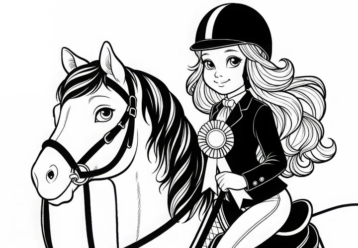 Reiterin sitzt auf Pferd und blickt stolz mit Siegerschleife – Ausmalbild kostenlos