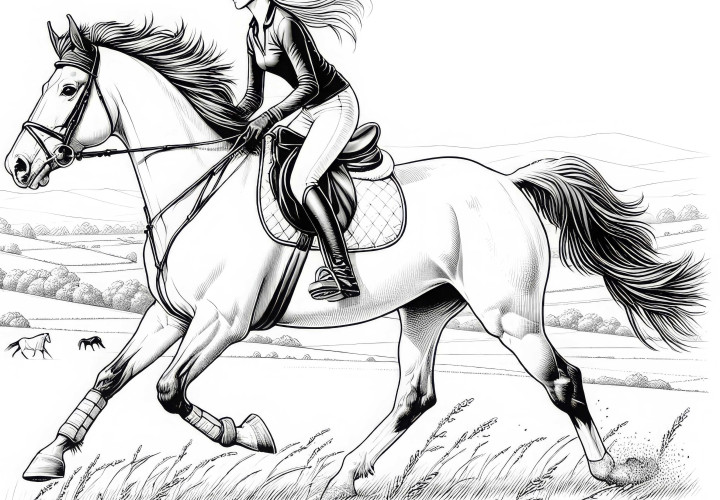 La jinete galopa a través de un paisaje abierto - Imagen para colorear detallada gratis La jinete cabalga al galope a través de un paisaje abierto – dibujo para colorear detallado gratuito