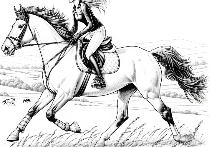 Reiterin reitet im Galopp durch offene Landschaft – Ausmalbild detailreich gratis