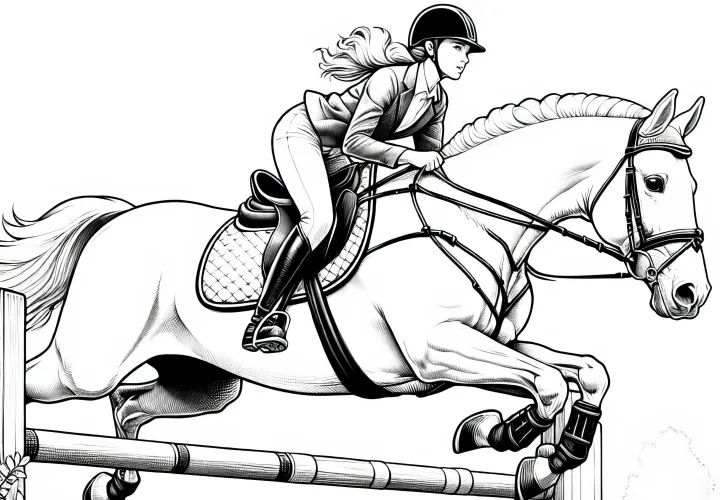 Reiterin springt mit Pferd elegant über Hindernis – Malvorlage detailreich kostenlos