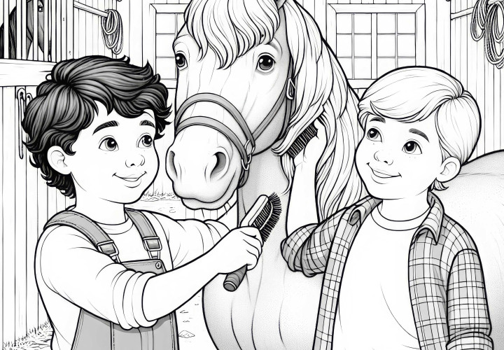 Niños limpian y cepillan al caballo en el establo - Plantilla de colorear detallada gratis Niños limpian y cepillan caballo en el establo - Plantilla de colorear detallada gratuita